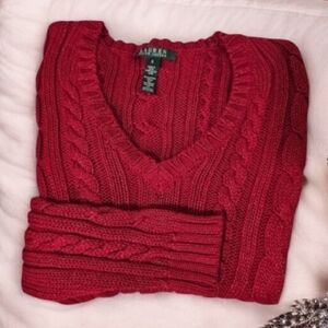 L-RL Women's 88% Cotton And Metallic V-Neck Cable Knit Sweater Dark Red Size-S